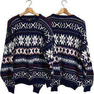 Vintage Eclectic Grandpa Fair Isle Snowflake Sweater Pullover Men's Large Blue